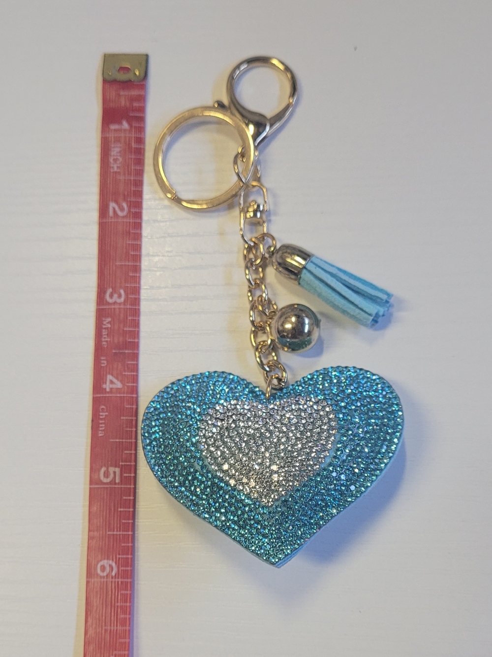 Sparkling Ice Blue Heart Keychain with Tassel